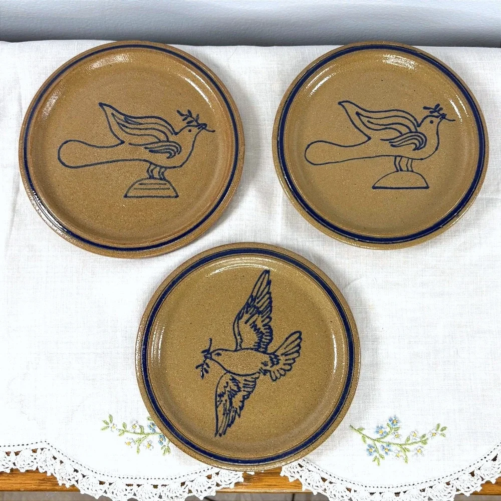 Vintage 1995 New Harmony Pottery Dove of Peace Stoneware Plates Set of 3 Signed